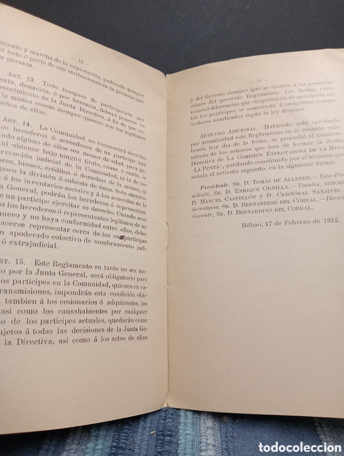 Documentos antiguos: REGLAMENTO DE LA COMISI&Oacute;N EXPLOTADORA DE LA MINA LA PUNTA. BILBAO EDITORIAL VIZCAINA 1912 - Foto 2