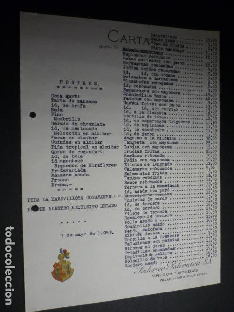 Alte Dokumente: MENU MINUTA VI&Ntilde;EDOS Y BODEGAS FEDERICO PATERNINA OLLAURI HARO LA RIOJA 1953