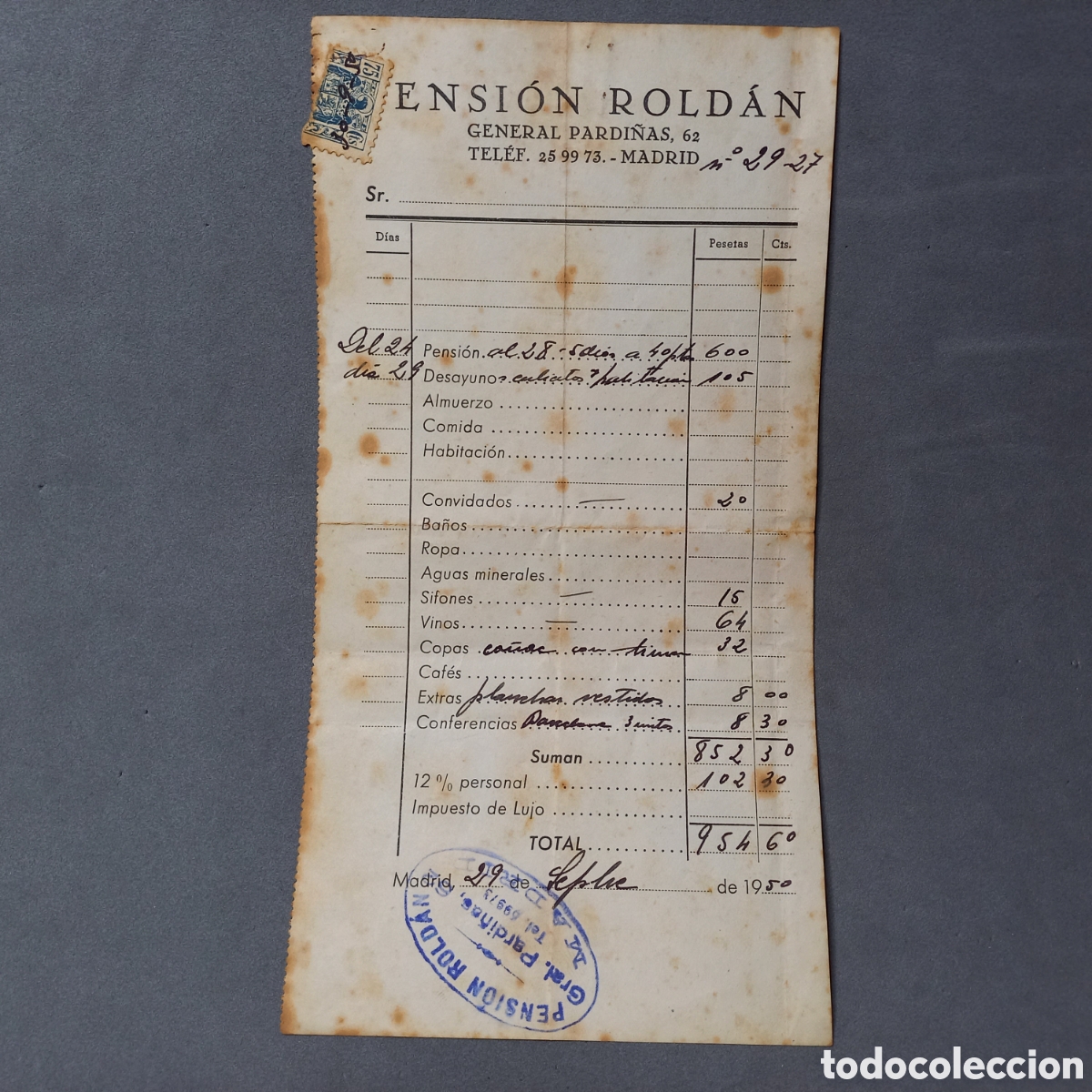 Documentos antiguos: Cuenta. Nota de consumo. Pensi&oacute;n Roldan. Madrid. A&ntilde;o 1950 - Foto 1