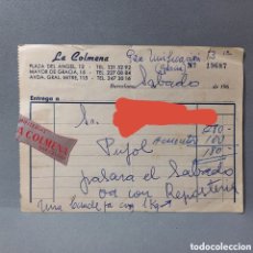 Documentos antiguos: RECIBO DE ENCARGO, ALBARÁN DE CONFITERÍAS LA COLMENA, BARCELONA. AÑOS 60