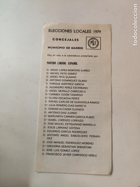 Documentos antiguos: Documento PAPELETA ELECCIONES LOCALES 1979 MADRID . CONCEJALES PARTIDO LIBERAL ESPA&Ntilde;OL - VVAA