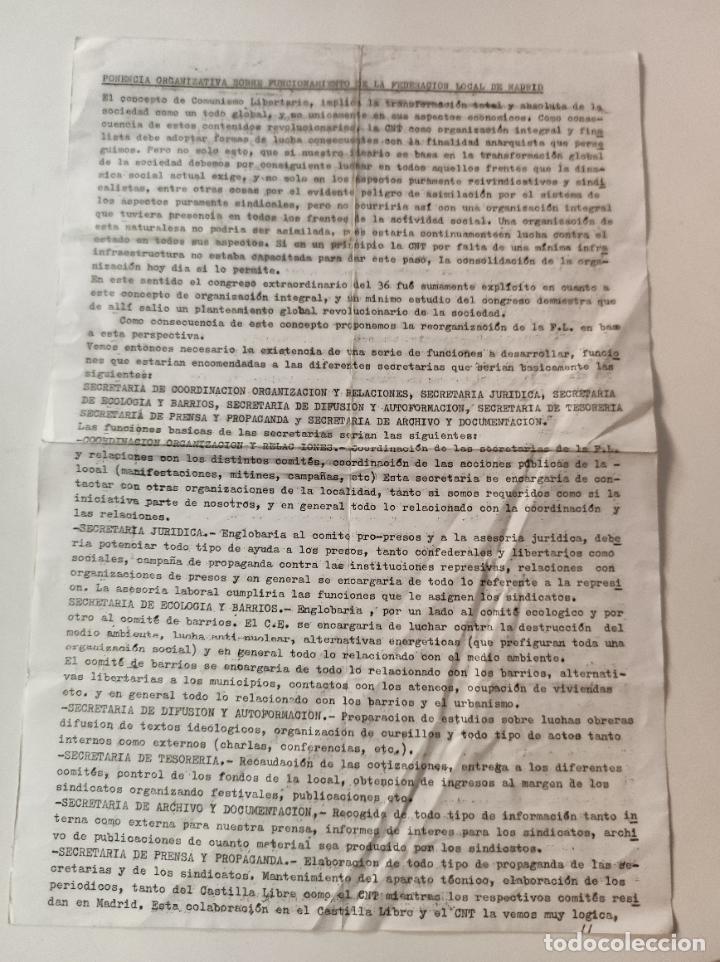 Documentos antiguos: Documento PONENCIA ORGANIZATIVA SOBRE FUNCIONAMIENTO DE LA FEDERACIO LOCAL DE MADRID - VVAA