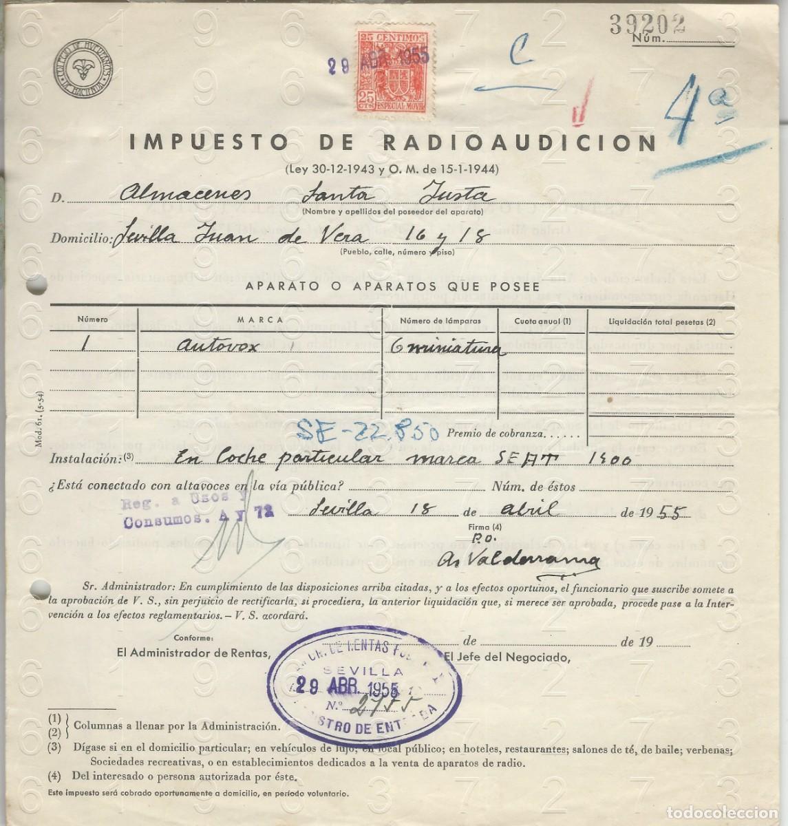 Documentos antiguos: SEAT 1400 ALMACENES SANTA JUSTA SEVILLA RADIOAUDICION IMPUESTO 1955 L73