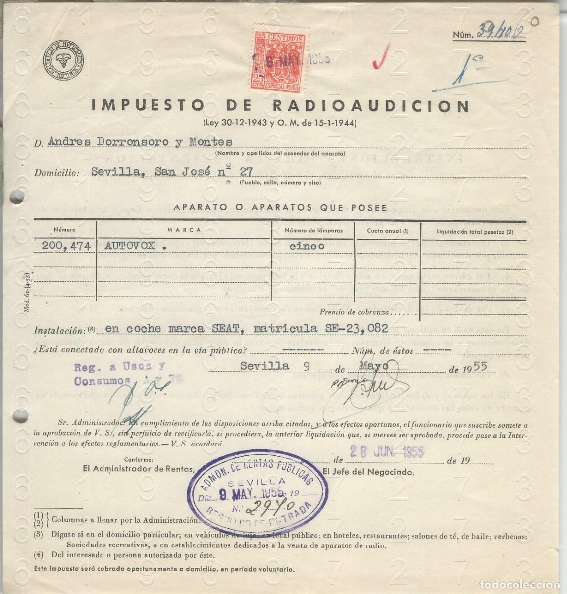 Documentos antiguos: SEAT AUTORADIO SEVILLA RADIOAUDICION IMPUESTO 1955 L73