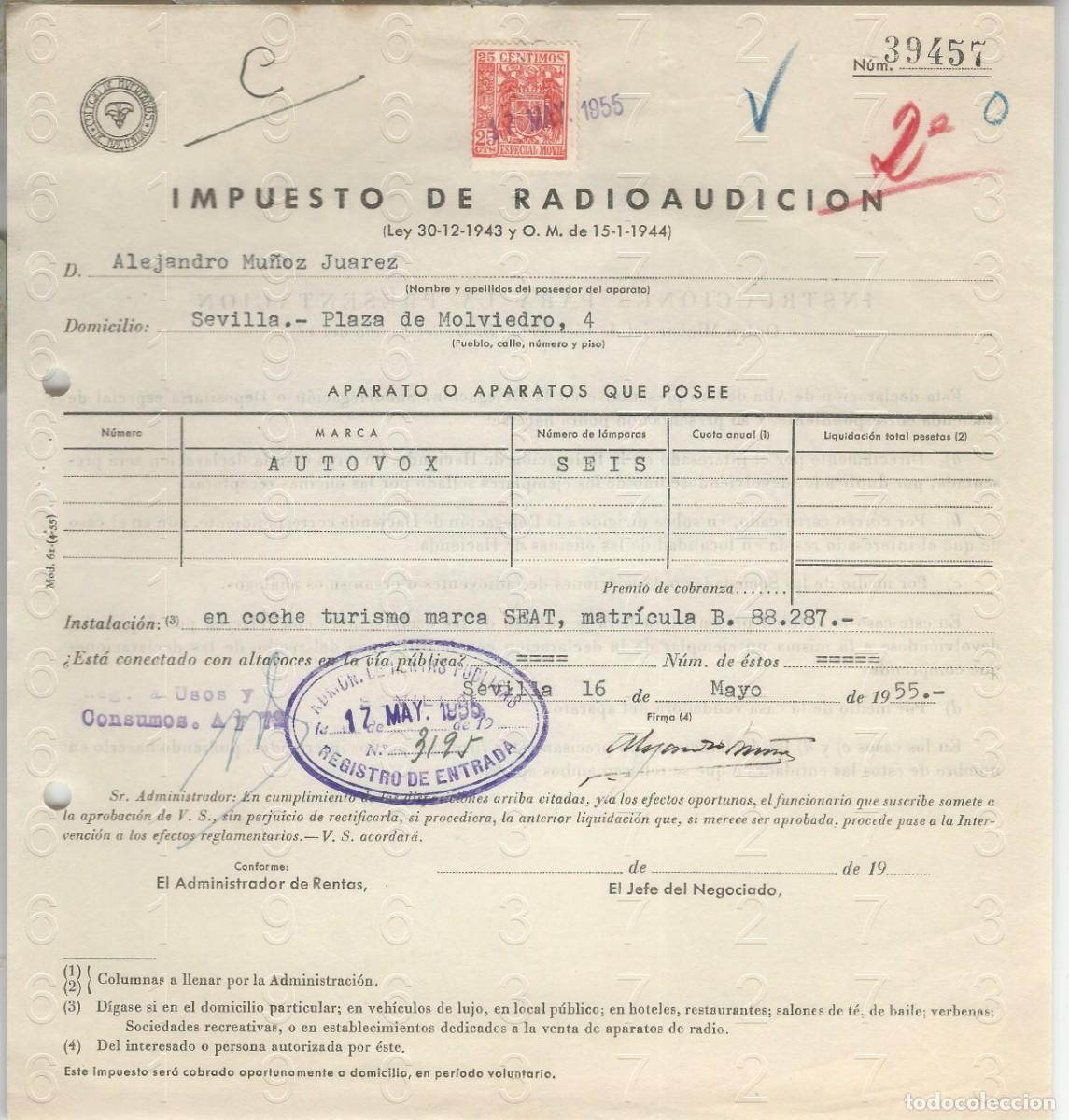 Documentos antiguos: SEAT AUTORADIO SEVILLA RADIOAUDICION IMPUESTO 1955 L73