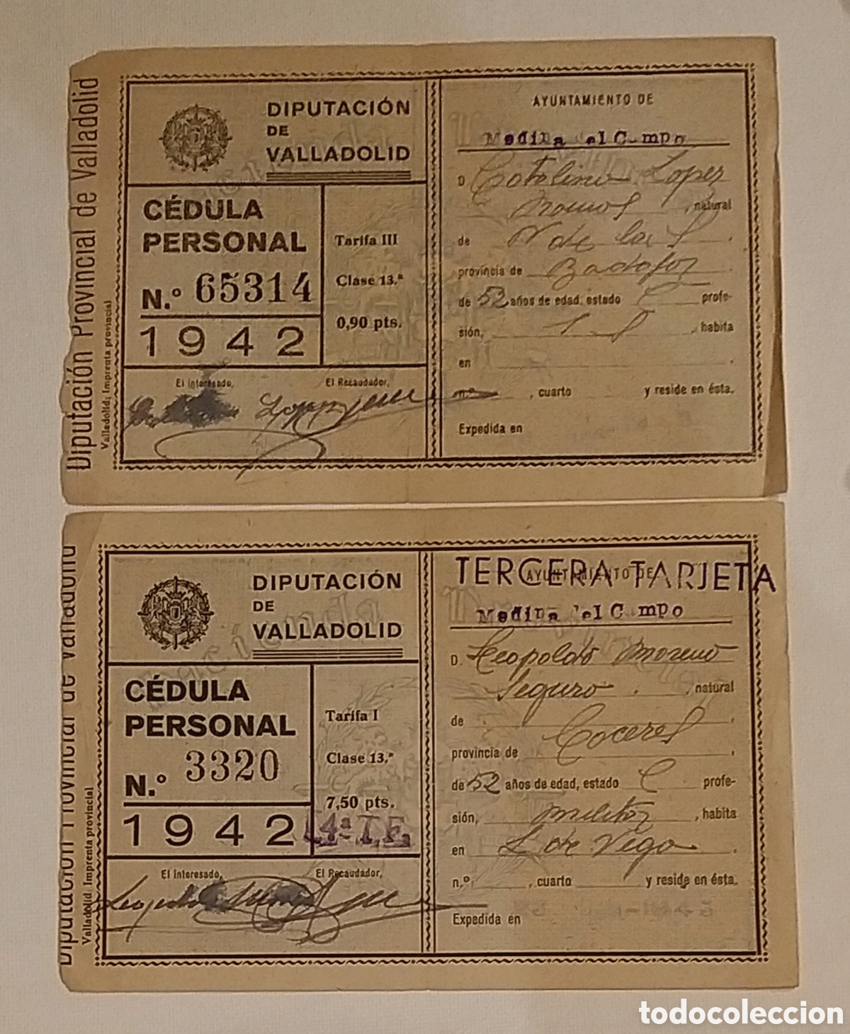 Documentos antiguos: C&Eacute;DULA PERSONAL. DIPUTACION VALLADOLID 1942. 2 uds.