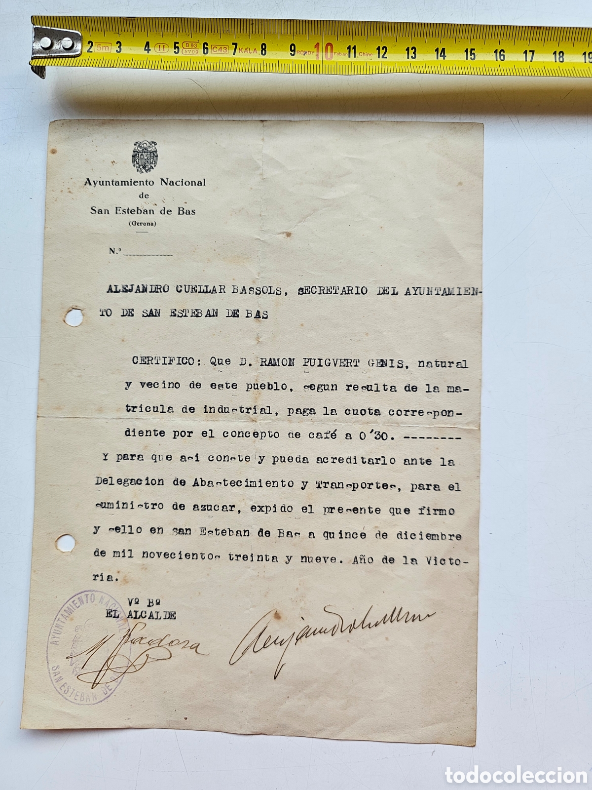 Documentos antiguos: Documento Abastecimiento de azucar, 1939, St Esteve den Bas, R. Puigvert - Foto 4