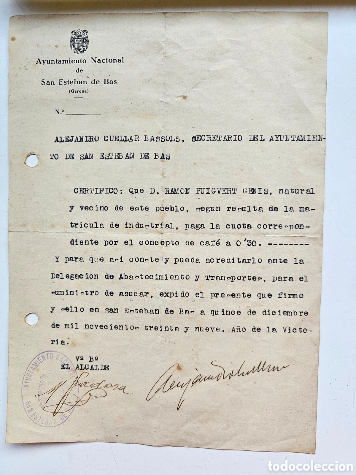 Documentos antiguos: Documento Abastecimiento de azucar, 1939, St Esteve den Bas, R. Puigvert - Foto 1