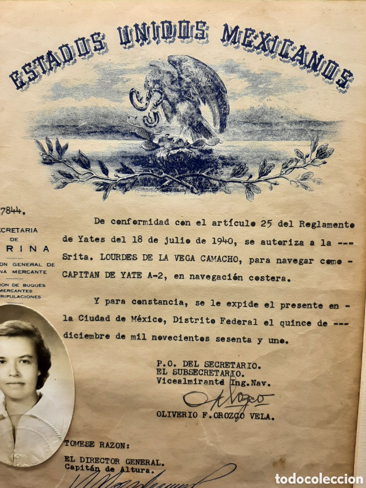 Documentos antiguos: T&iacute;tulo de Patr&oacute;n de Yate de 1940, M&eacute;xico. - Foto 3