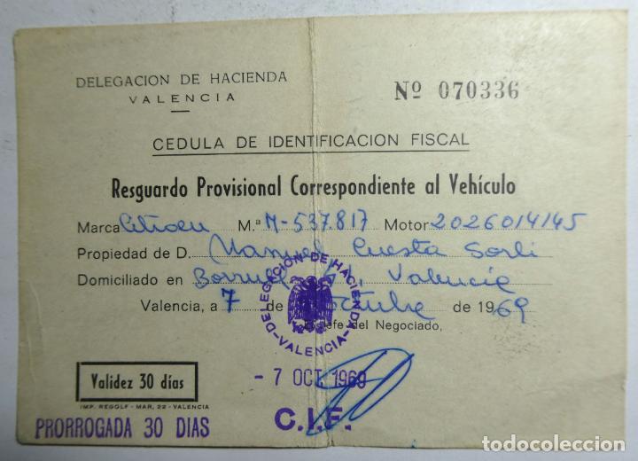 Documentos antiguos: Resguardo Veh&iacute;culo Citro&euml;n Delegaci&oacute;n de Hacienda de Valencia 1969