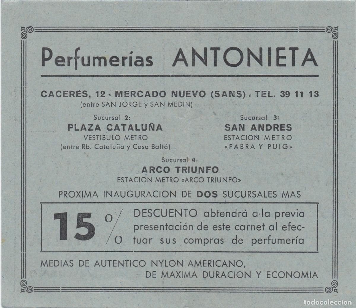 Documentos antiguos: Barcelona - Perfumer&iacute;as Antonieta - T&iacute;tulo de Cooperador - 15% Descuento - D&iacute;ptico- 105x63mm plegado