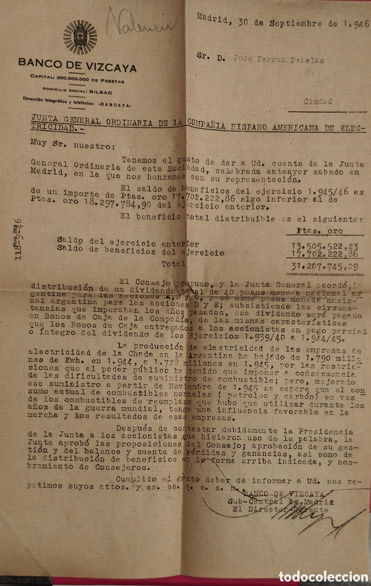 Documentos antiguos: :::: PA161 - DOCUMENTO DEL BANCO DE VIZCAYA 1946 - Foto 1