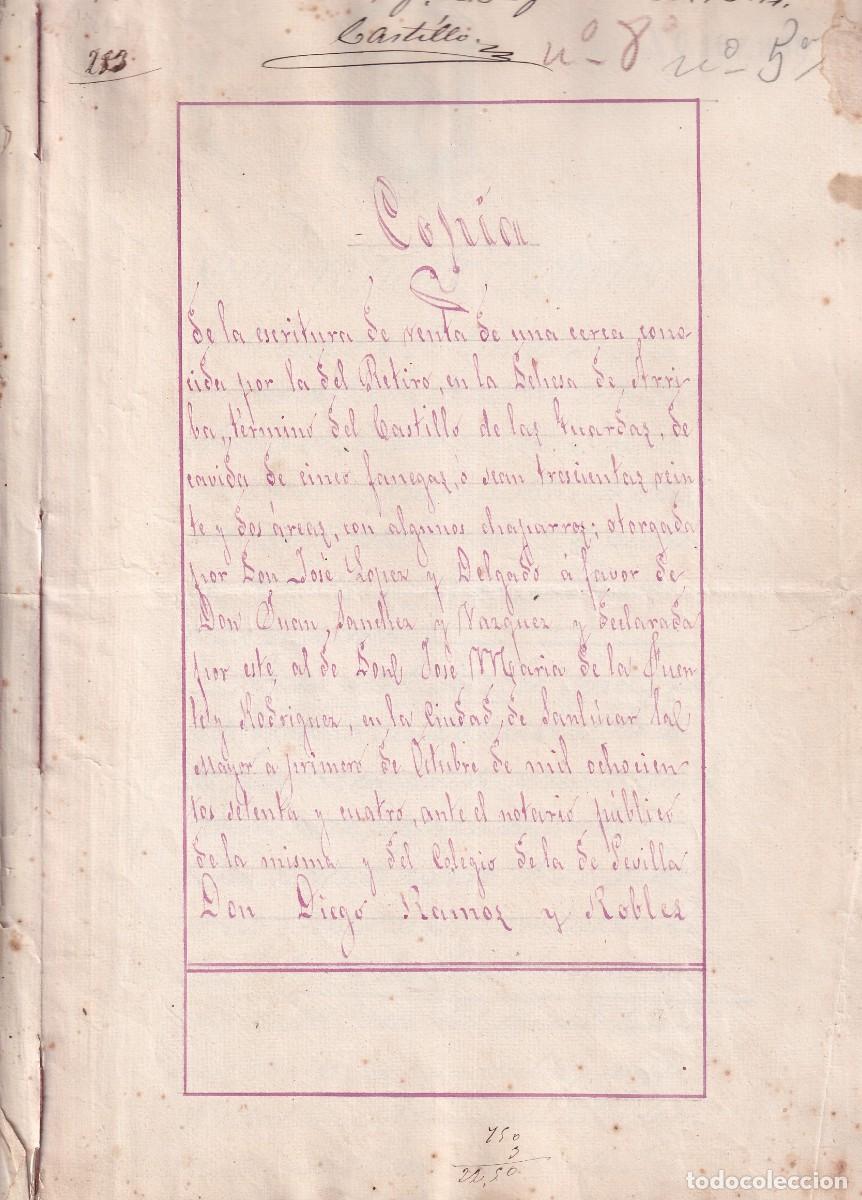 Documentos antiguos: Documento notarial venta cerca en Castillo de las Guardas, Sanlucar la Mayor. Sevilla 1874