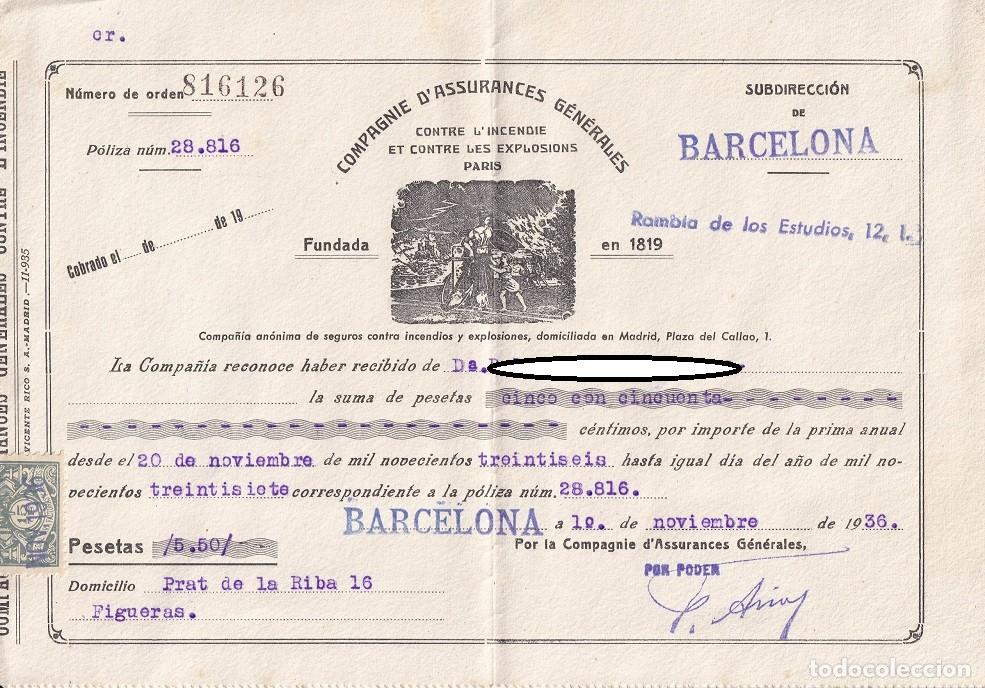 Old Documents: Recibo por importe de la prima anual - Figueras 1936 / Compagnie d' Assurances G&eacute;n&eacute;rales