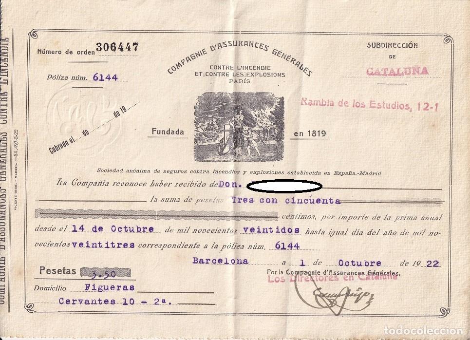 Documentos antiguos: Recibo por importe de la prima anual - Figueras 1922 / Compagnie d' Assurances G&eacute;n&eacute;rales