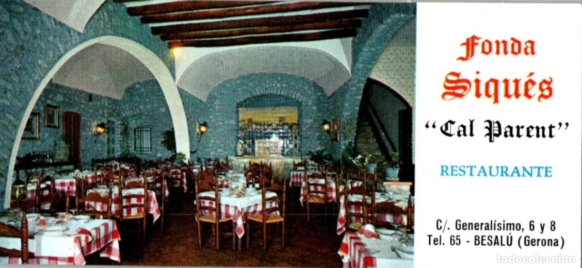Documentos antiguos: Besal&uacute; - Fonda Siqu&eacute;s - Cal Parent - 1979 - Tarjeta Comercial - 107x49mm