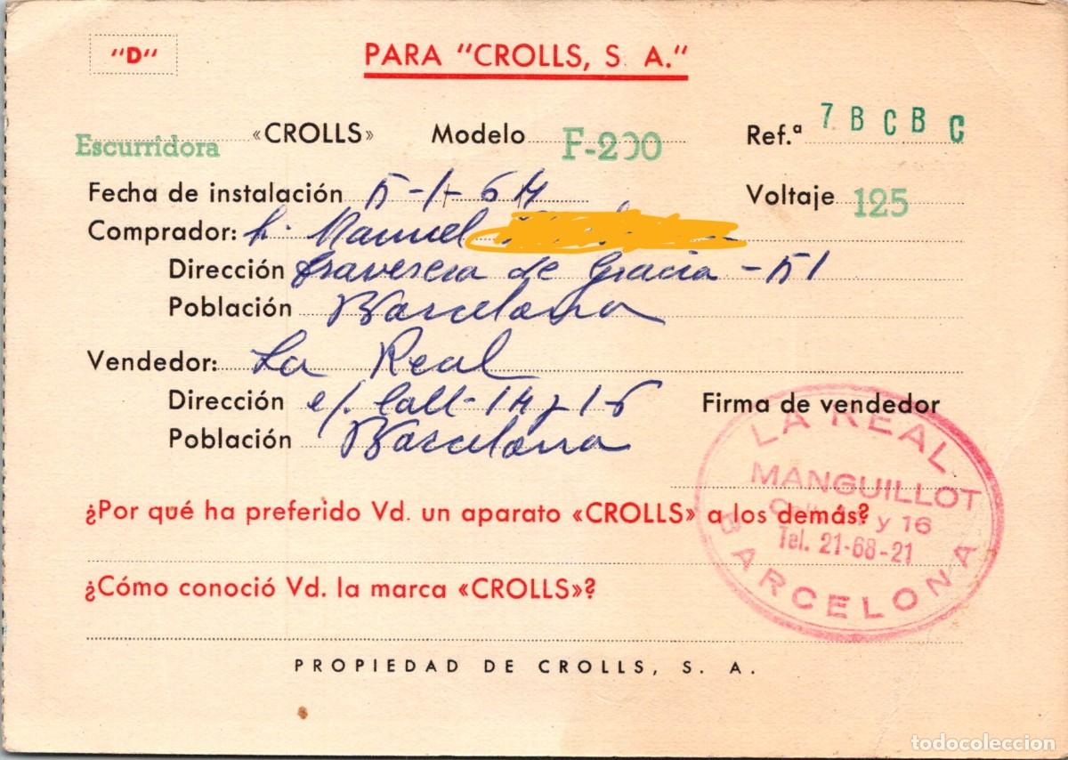 Documentos antiguos: Crolls - Garant&iacute;a - Tarjeta Postal - 05.01.1964 - Escurridora Modelo F-200 - Voltaje 125 - 149x105mm