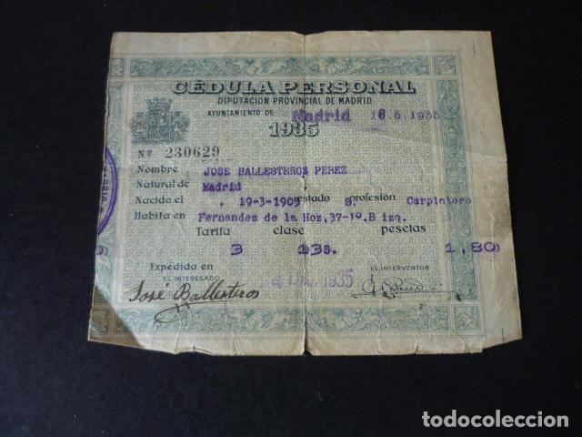 Documentos antiguos: CEDULA PERSONAL MADRID 1935 CARPINTERO - Foto 1