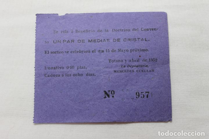 Documentos antiguos: PAPELETAS RIFA A BENEFICIO DOCTRINA DEL CONVENTO TOTANA 1952