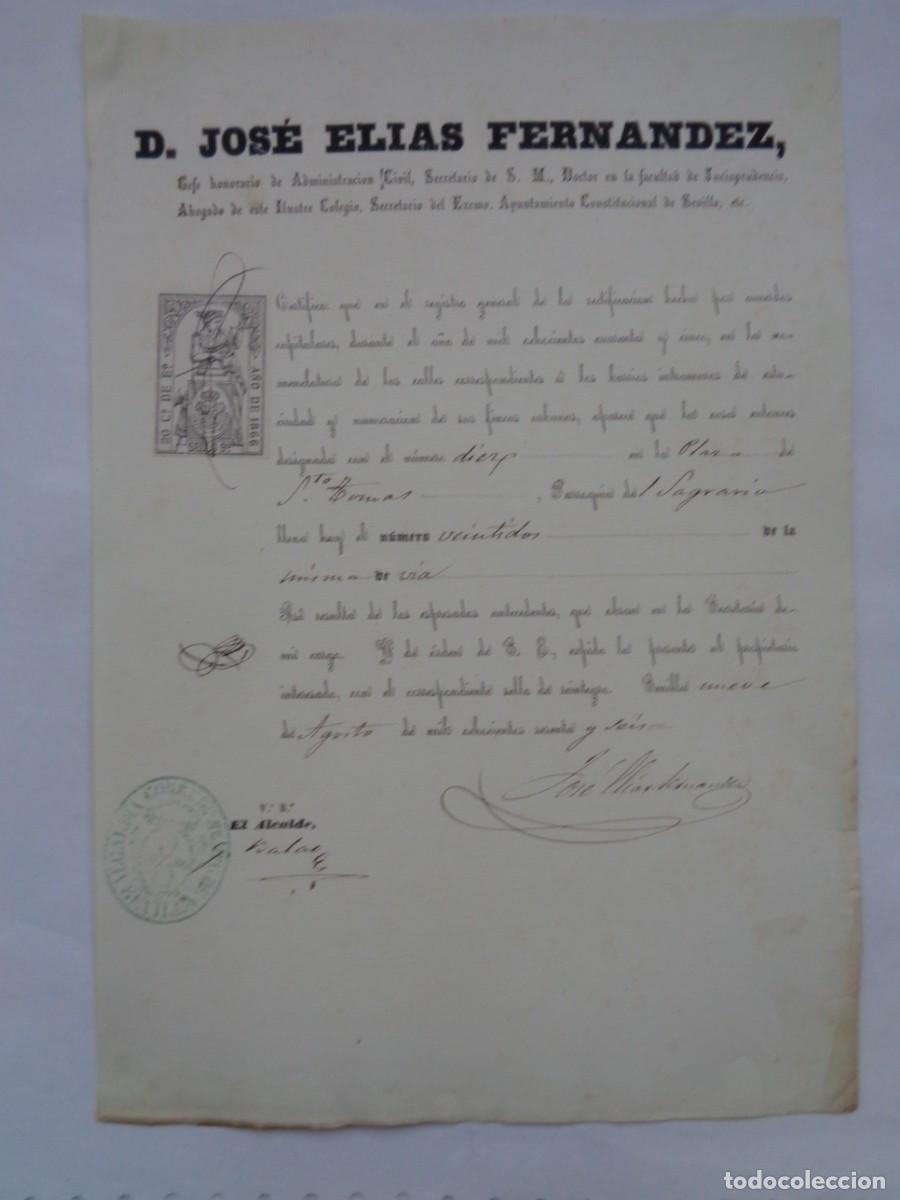 Documentos antiguos: CERTIFICADO DE PROPIEDAD DE UNA CASA , FIRMA EL ALCALDE . SEVILLA, 1866 . VI&Ntilde;ETA , SIGLO XIX