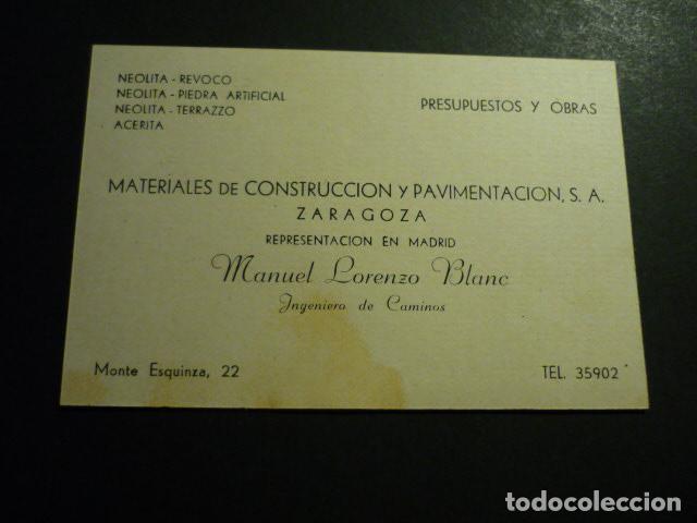 Documentos antigos: TARJETA COMERCIAL MATERIALES DE CONSTRUCCI&Oacute;N Y PAVIMENTACION S.A. NEOLITA ZARAGOZA