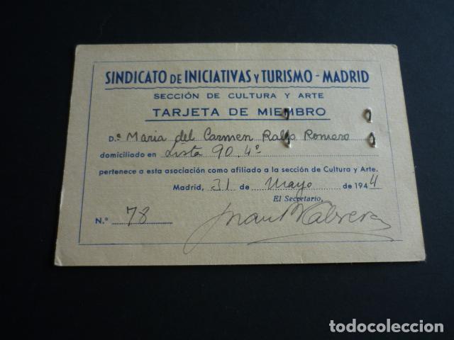 Documenti antichi: SINDICATO DE INICIATIVAS Y TURISMO MADRID TARJETA DE MIEMBR0 1944