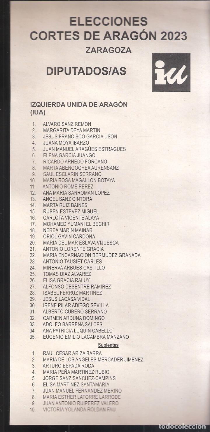 Alte Dokumente: Izquierda Unida de Arag&oacute;n. IUA. Elecciones Cortes de Arag&oacute;n 2023. Diputados. Zaragoza. Papeleta.