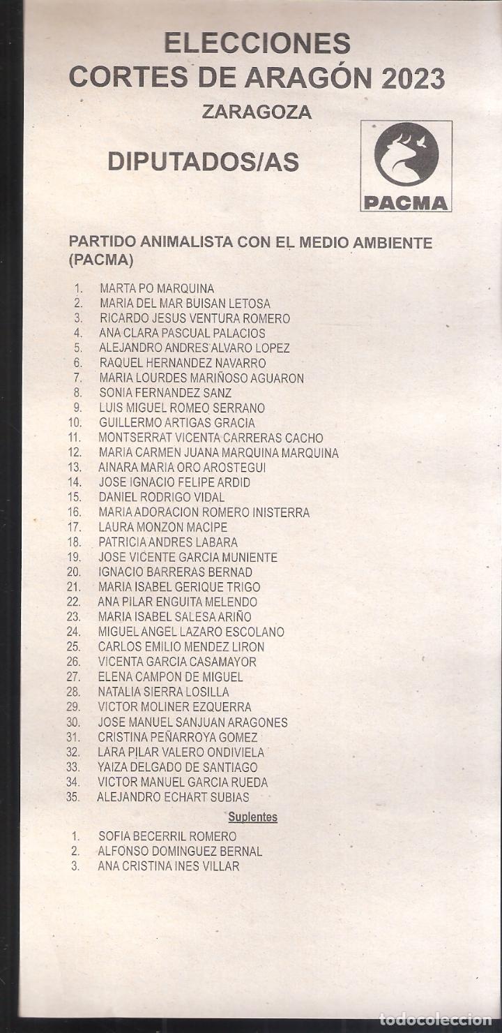 Alte Dokumente: Partido Animalista. PACMA. Elecciones Cortes de Arag&oacute;n 2023. Diputados. Zaragoza. Papeleta.