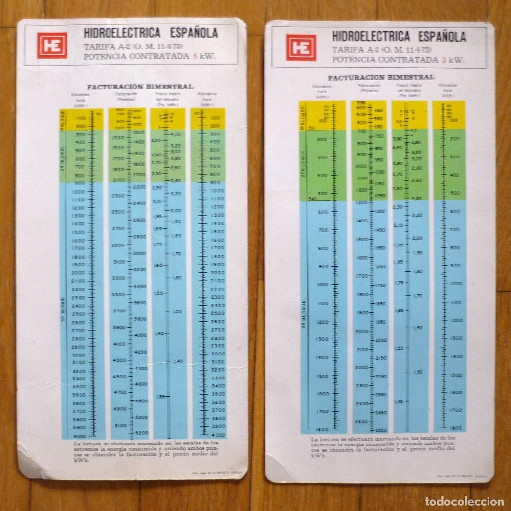 Documentos antiguos: 2 tablas de facturaci&oacute;n de Hidroel&eacute;ctrica Espa&ntilde;ola 3kw + 5kw 1973