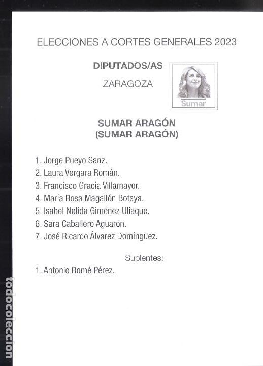 Old Documents: Sumar Arag&oacute;n. Diputados. Zaragoza. Elecciones a Cortes Generales 2023. Papeleta.
