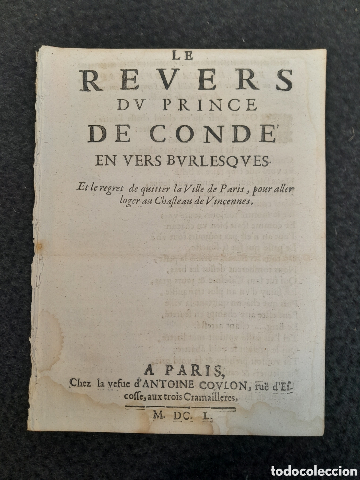 Documentos antiguos: DOC-466. LE REVERS DU PRINCE DE COND&Eacute; EN VERS BURLESQUES. - Foto 1