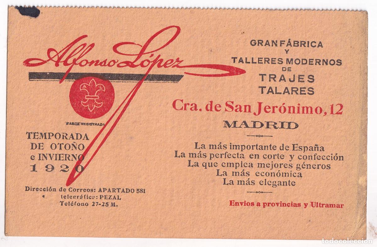 Documents Anciens: TARJETA PUBLICITARIA. ALFONSO L&Oacute;PEZ. TRAJES TALARES. SOTANAS. CARRERA DE SAN JER&Oacute;NIMO. MADRID