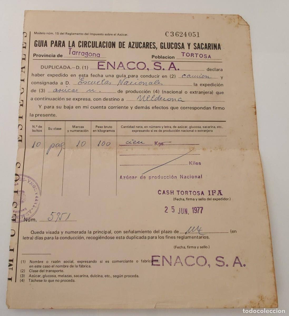 Documentos antiguos: Documento Para La Circulacion De Azucares Y Sacarinas - Foto 1
