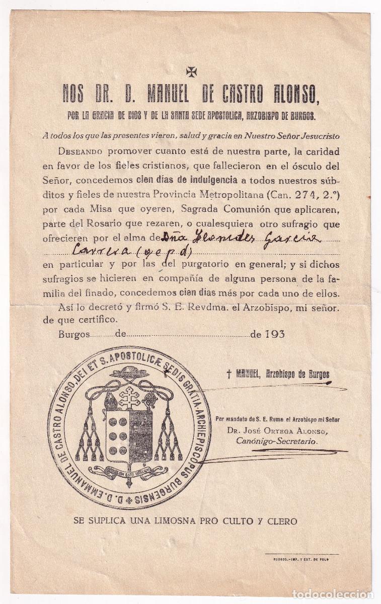 Old Documents: MANUEL DE CASTRO ALONSO, ARZOBISPO DE BURGOS. CONCESI&Oacute;N DE 100 D&Iacute;AS DE INDULGENCIA