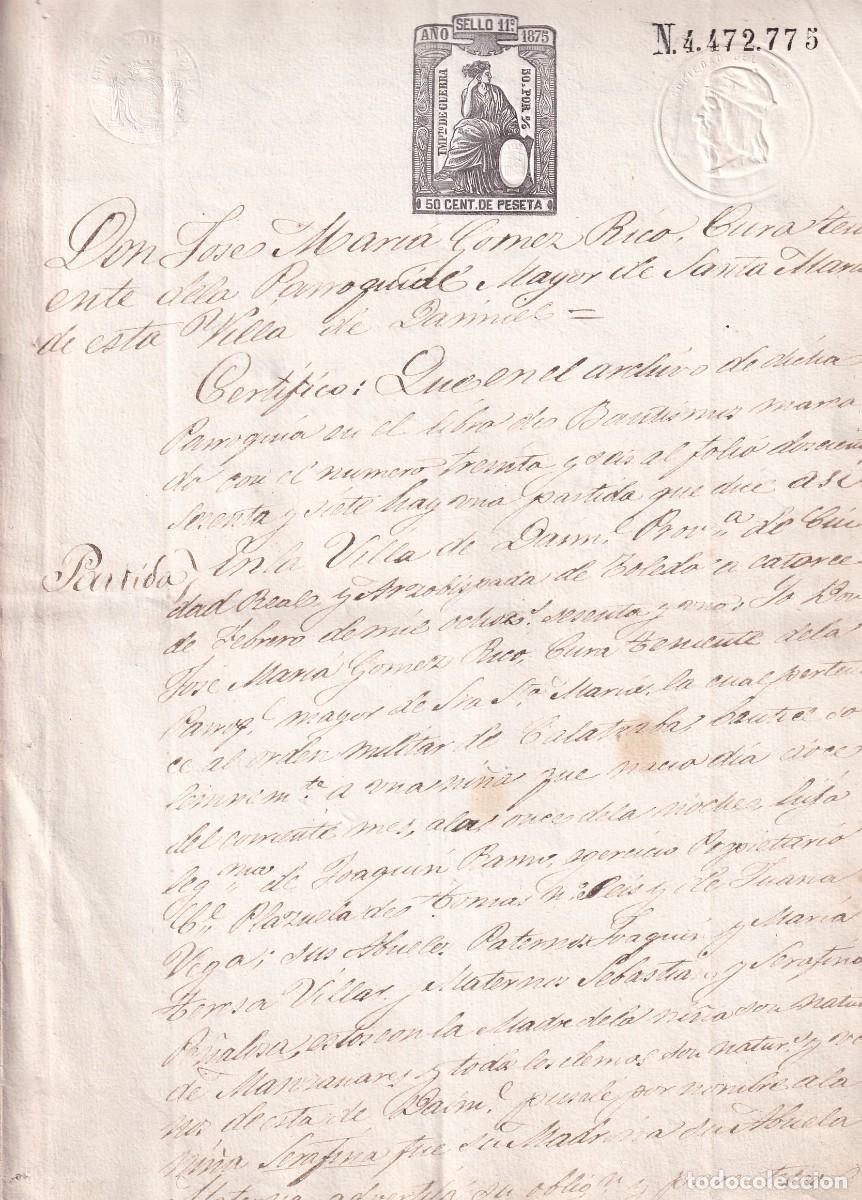 Documentos antiguos: Certificado del cura de la Parroquia de Santa Mar&iacute;a de la Villa de Daimiel Ciudad Real 1875