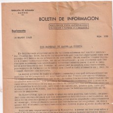 Documentos antiguos: PROPAGANDA NAZI. 1 MARZO 1943. BOLETÍN DE INFORMACIÓN EXCLUSIVO PARA AUTORIDADES. II GUERRA MUNDIAL