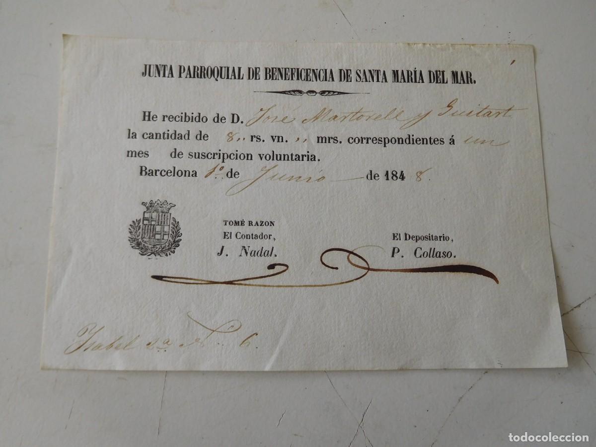 Old Documents: Suscripci&oacute;n mensual junta parroquial de beneficencia de Santa Maria del Mar. Barcelona a&ntilde;o 1848