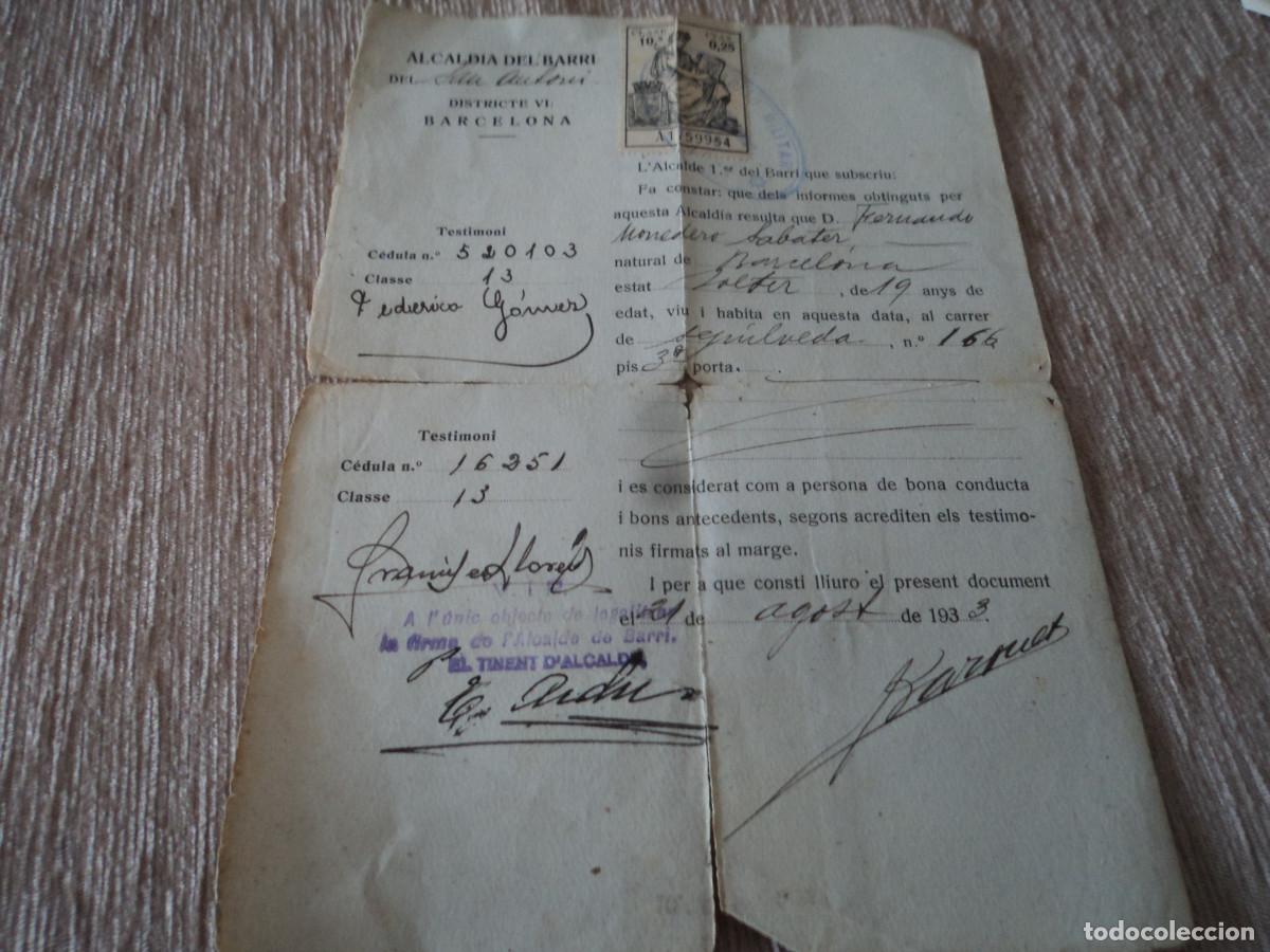 Documenti antichi: certificado de buena conducta, alcaldia de barrio, barcelona 1933