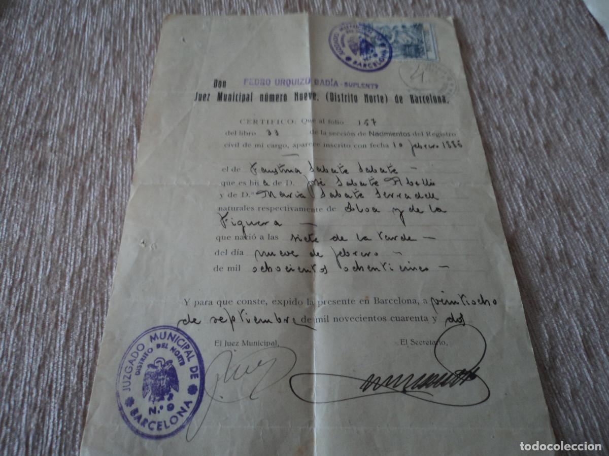 Documenti antichi: certificado de nacimiento en 1885, expedido en barcelona 1942