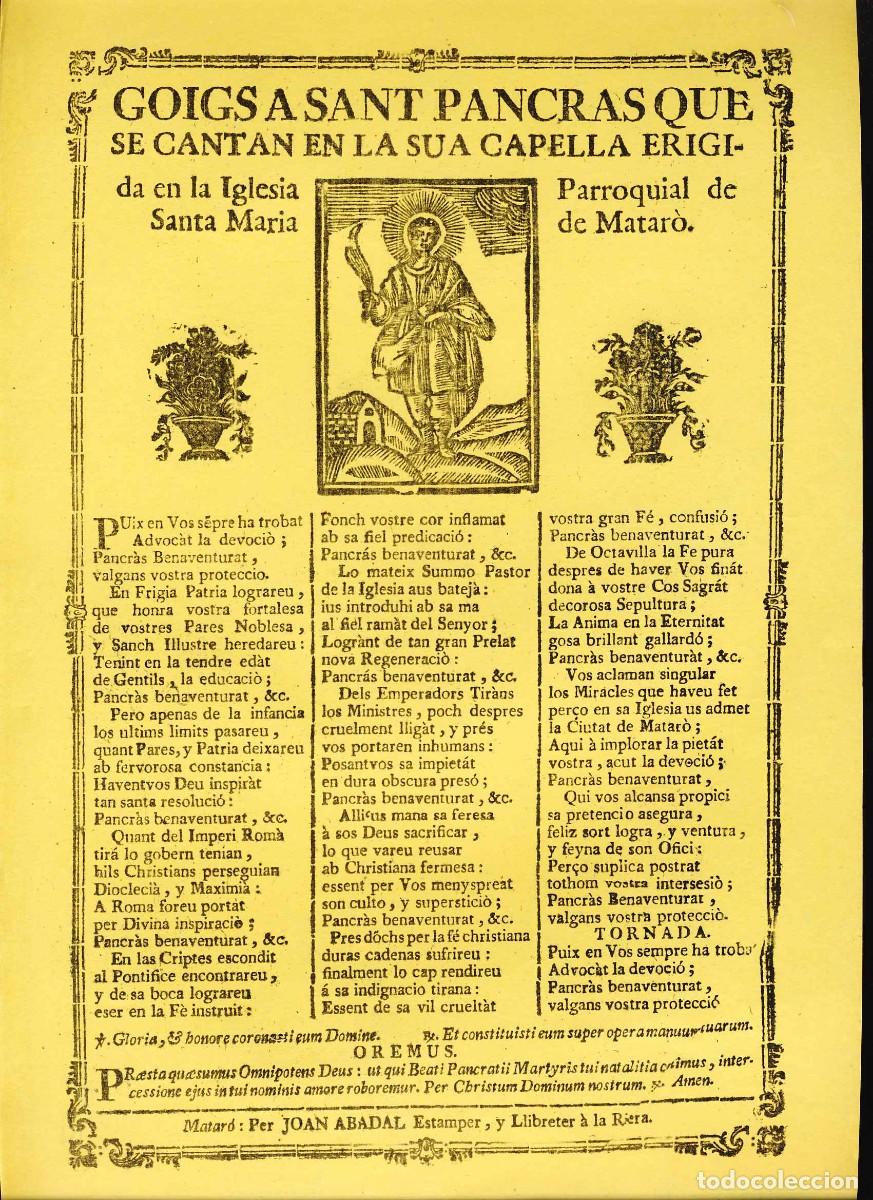 Documentos antiguos: Goigs a Sant Pancr&agrave;s que es canten a l'Esglesia Parroquial de MATARO