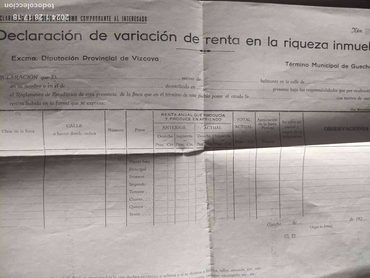 Documentos antiguos: DECLARACION VARIACION RENTA EN LA RIQUEZA INMUEBLE - DIPUTACION PROVINCIAL DE VIZCAYA - DECADA 1920