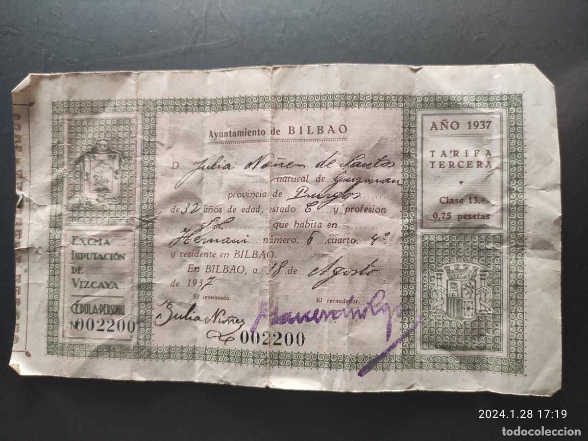 Documentos antiguos: AYUNTAMIENTO DE BILBAO - CEDULA PERSONAL - EXCMA DIPUTACION DE VIZCAYA - 1937 -NUMERO CAPICUA 002200