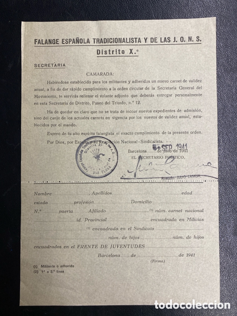 Documentos antiguos: DOCUMENTO FALANGE 1941. FET JONS - Foto 1