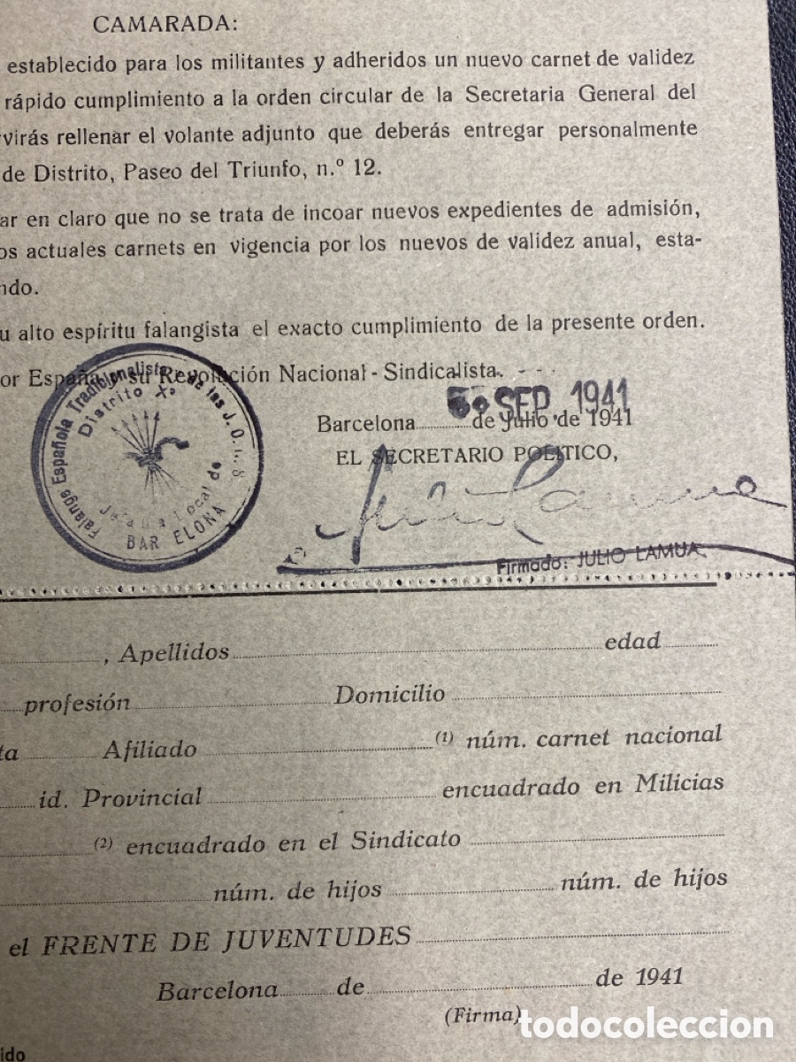 Documentos antiguos: DOCUMENTO FALANGE 1941. FET JONS - Foto 2