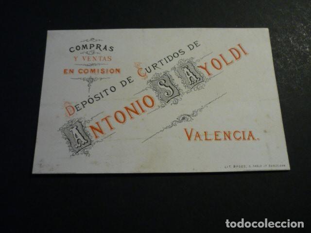 Documentos antiguos: VALENCIA DEPOSITO DE CURTIDOS DE ANTONIO S. AYOLDI TARJETA PUBLICITARIA SIGLO XIX