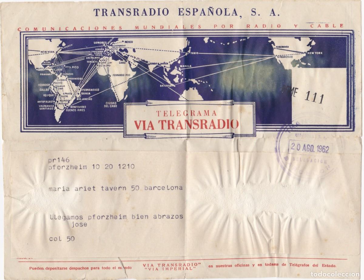 Documentos antiguos: Telegrama - V&iacute;a Transradio - 20 AGO. 1962 - Pforzheim (Alemania) a Barcelona (Espa&ntilde;a) - 214x165mm