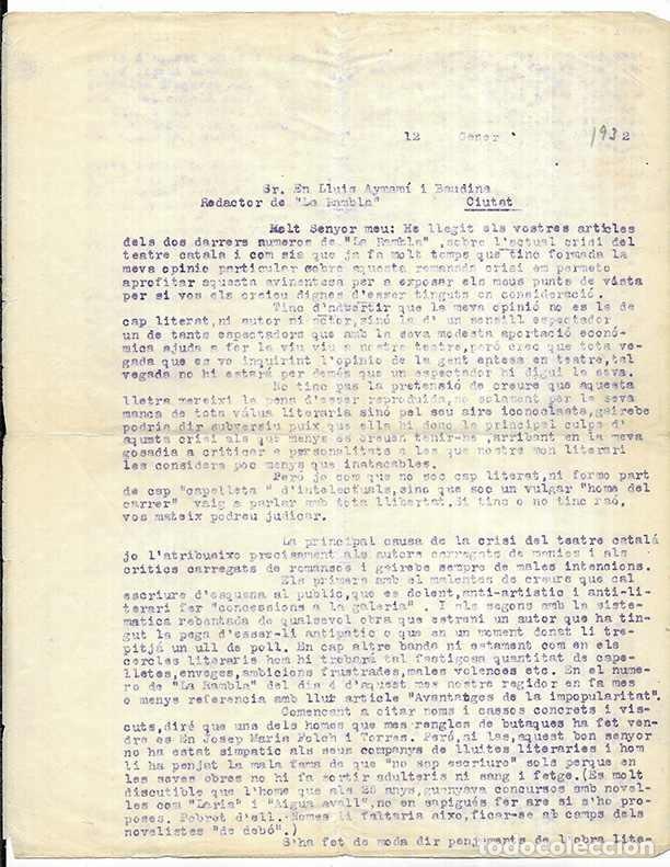 Documentos antiguos: Carta mecanografiada dirigida al Sr. En Lluis Aymam&iacute; i Baudina, Redactor de &rdquo; La Rambla&rdquo; 12/01/1932