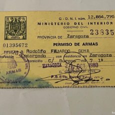 Documenti antichi: TARJETA CARNET PERMISO DE ARMAS ZARAGOZA 1980 MINISTERIO DEL INTERIOR