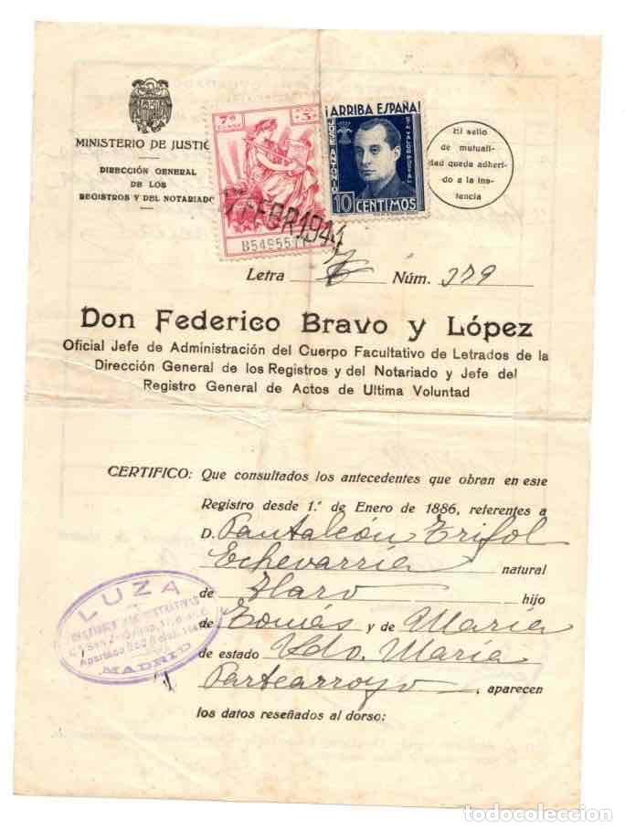 Documentos antiguos: CERTIFICADO NOTARIAL DE REGISTRO DE TESTAMENTOS. SELLO JOSE ANTONIO. A&Ntilde;O 1944
