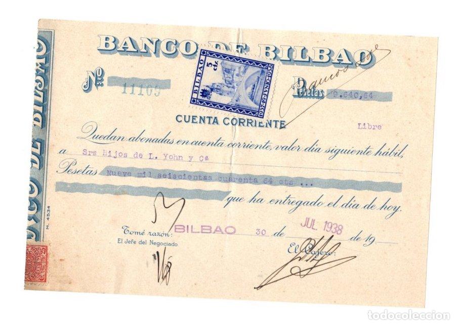 Documentos antiguos: RECIBO BANCO DE BILBAO INGRESO EN CUENTA CORRIENTE. 30 DE JULIO DE 1938